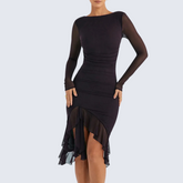 Black Long Sleeve Backless Ruffle Midi Dress